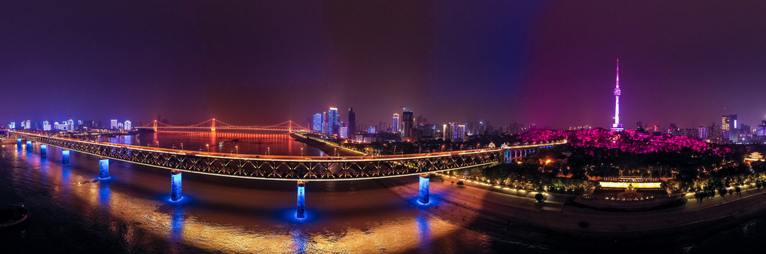 航拍武汉长江大桥夜景灯光全景