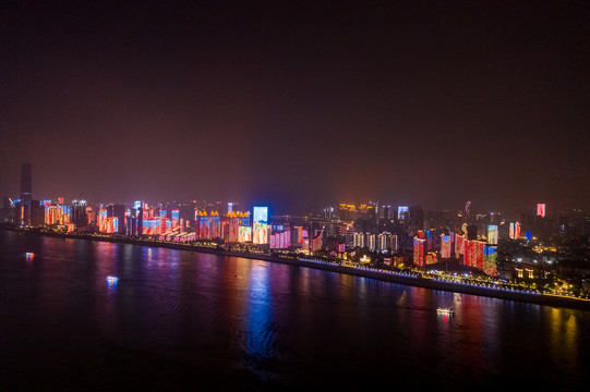 航拍武汉江滩建筑群夜景灯光秀