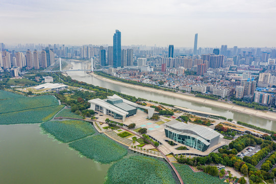 航拍湖北武汉琴台文化艺术中心