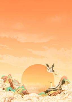 国风山水夕阳插画背景竖版