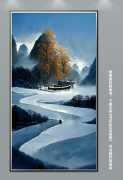 现代风景手绘雪景玄关装饰画