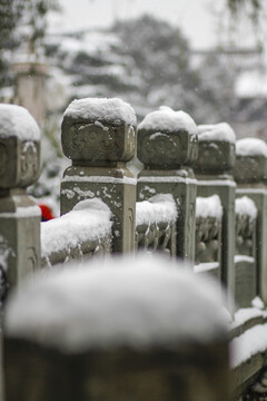 冬天里校园石柱上厚厚的积雪