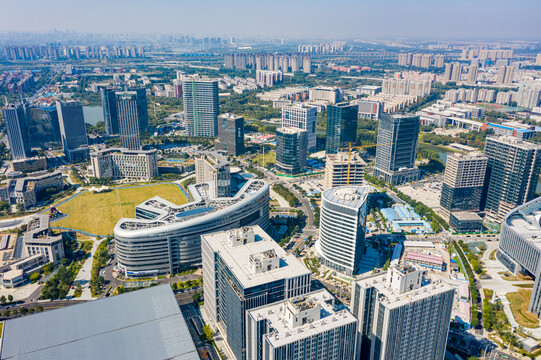 航拍河南郑州中原龙子湖智慧岛