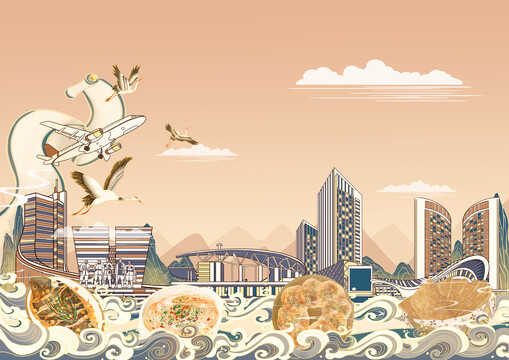 合肥城市地标建筑美食插画横版