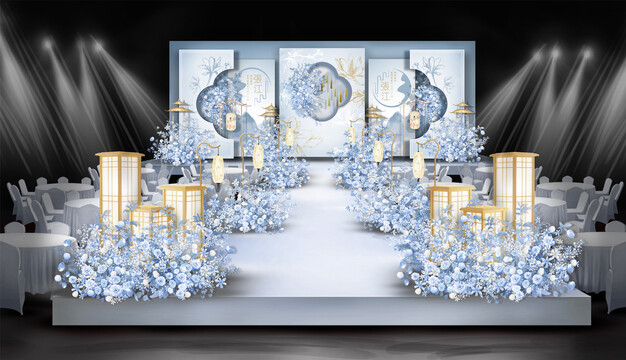 蓝色新中式婚礼舞台设计
