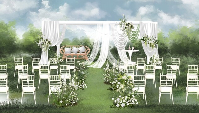 白绿户外草坪婚礼效果图