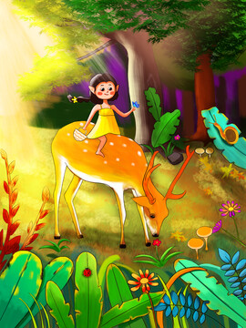 森林中骑鹿的精灵女孩
