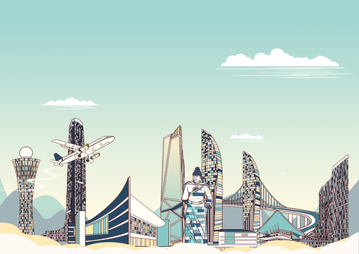 厦门城市地标建筑背景插画横版