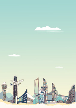 厦门城市地标建筑背景插画竖版