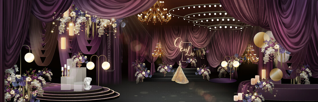 紫色金色剧院风婚礼迎宾区