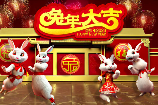 兔年大吉新年海报插画楼阁