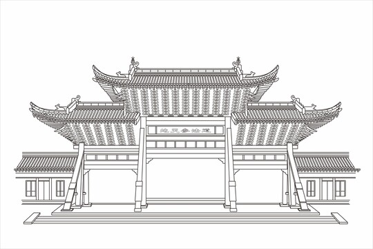 线描寺院大门口