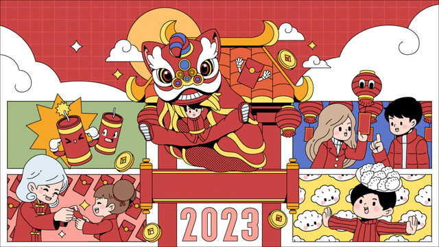 春节插画舞狮红包饺子和猜灯谜