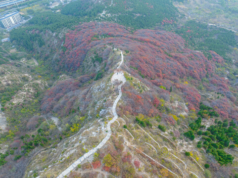 航拍济南蚰蜒山红叶