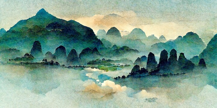 新中式手绘山水风景意境装饰画