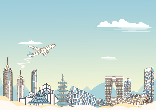 苏州城市地标建筑背景插画横版