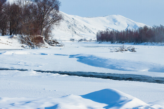 冰雪河流雪山树林