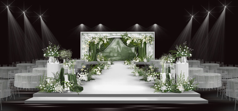 白绿色小清新婚礼舞台效果图
