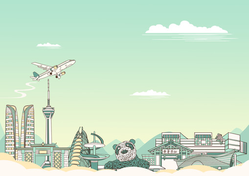 成都城市地标建筑背景插画横版