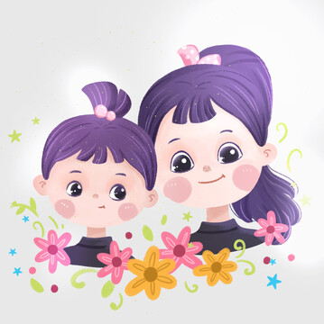 可爱花朵儿童姐妹头像插画