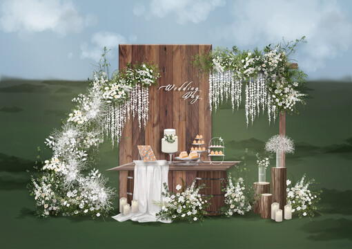 暮光森系白绿木质婚礼甜品区