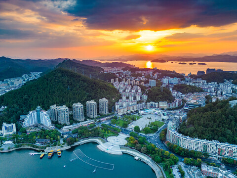 千岛湖日落夕阳航拍