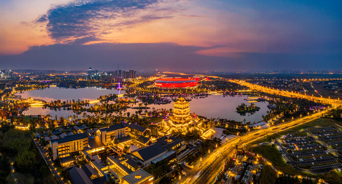 航拍成都东安湖夜景和美丽晚霞