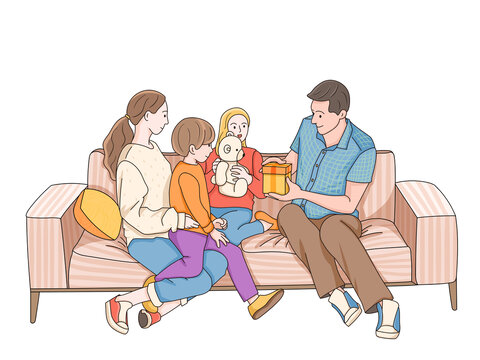 彩色感恩节一家人在沙发上