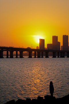 海堤海边夕阳日落剪影厦门