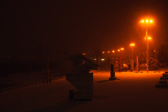 夜晚雪中城市公园