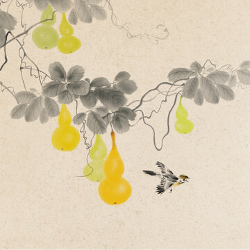 中式水墨葫芦花鸟画