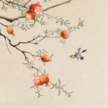 中式水墨石榴花鸟装饰画