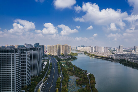 绍兴镜湖新区城市风光航拍