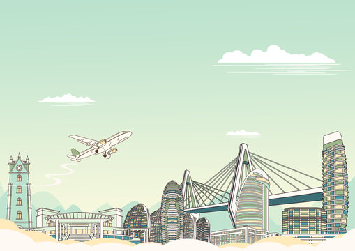 三亚城市地标建筑背景插画横版