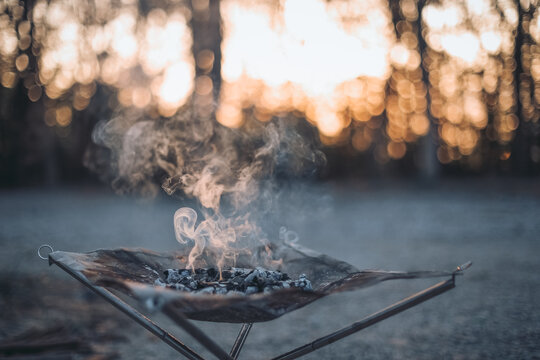 夕阳斑驳树林下的露营篝火