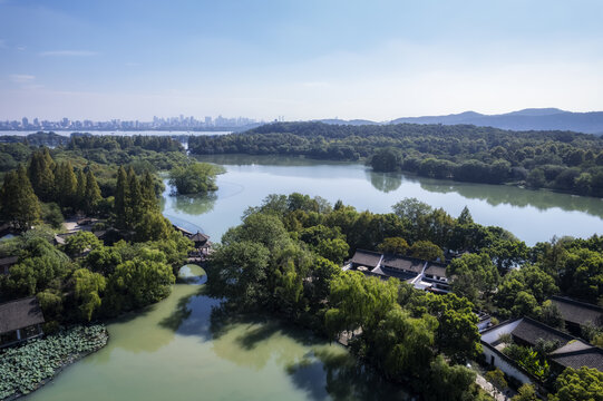 航拍杭州西湖山水风景