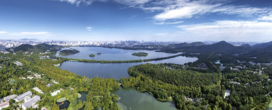 航拍杭州西湖自然风光全景