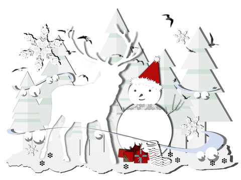 剪纸风圣诞节雪人麋鹿礼物雪花
