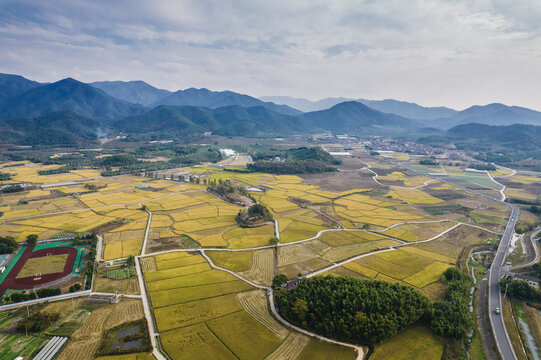 航拍浙江上虞张村秋日田园风光