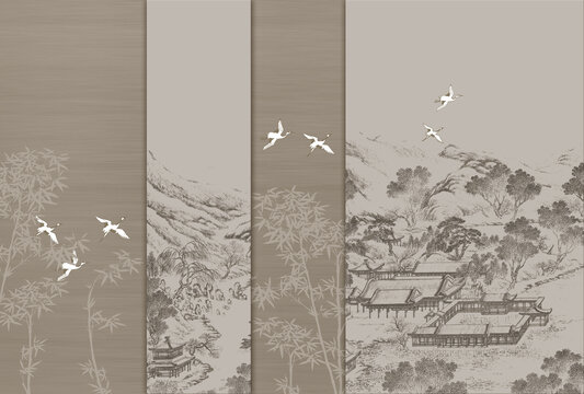 中式仙鹤山水竹子背景墙
