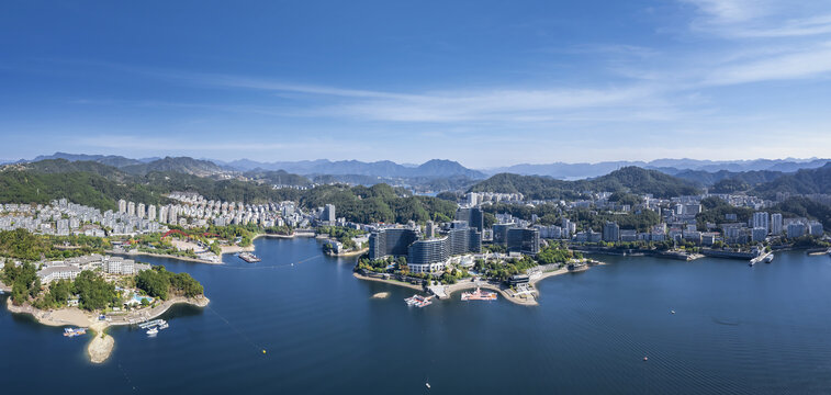 航拍杭州千岛湖镇自然风光全景