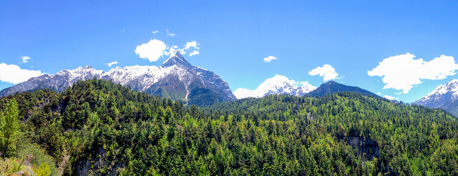 西藏蓝天下的大山与草地