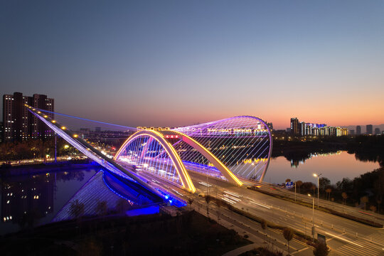 宁夏银川凤凰桥夜景城市地标