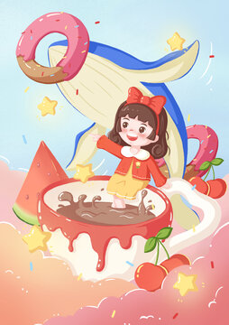 奶茶甜甜圈水果梦幻治愈插画