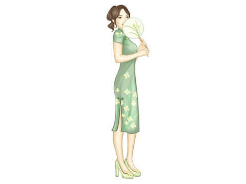 浅绿色清新短袖扇子马尾旗袍