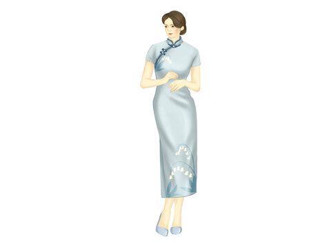 浅蓝色清新短袖旗袍女人
