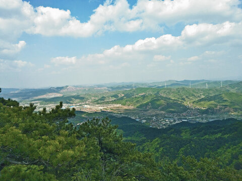 山景蓝天白云松树风车