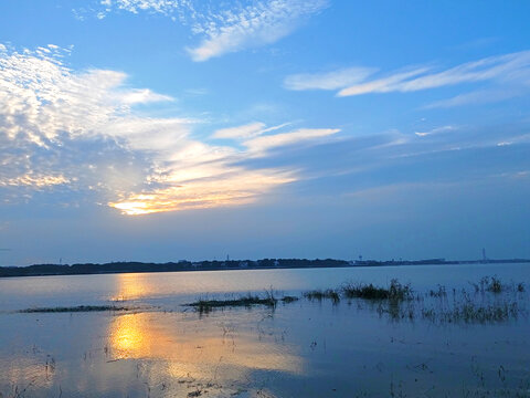 湖边湿地夕阳鱼鳞云