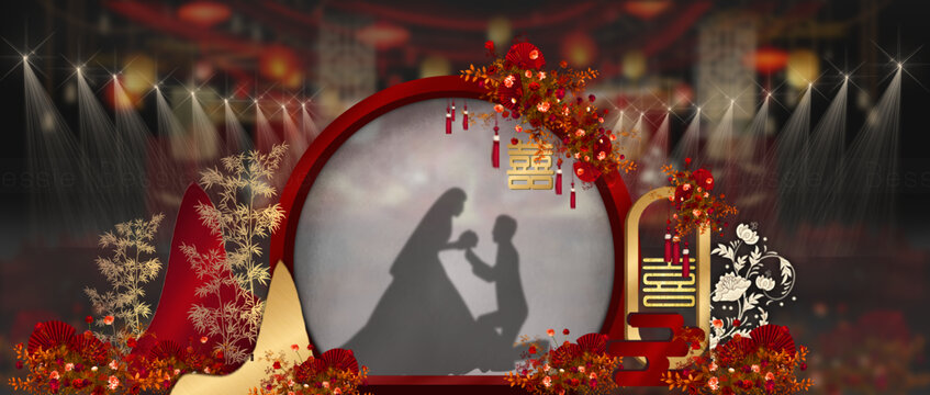 红金色中式婚礼入口投影