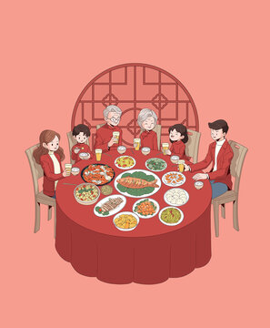 一家人坐在一起吃年夜饭